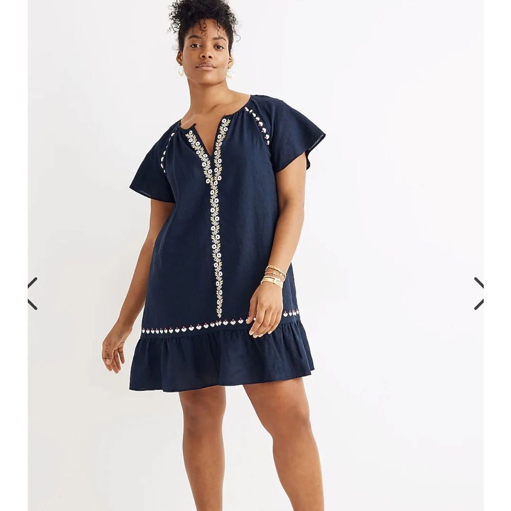 Madewell Embroidered Linen-Blend Raglan Ruffle Mini Dress‎ size S